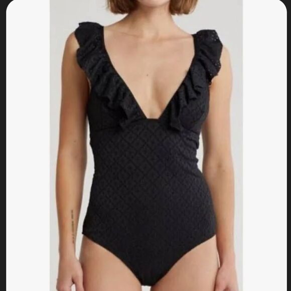 Betsey Johnson Deep V Swimsuit with Ruffled Trim - Picture 14 of 15